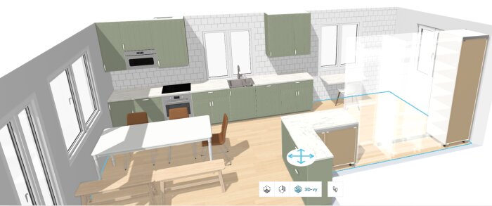 3D-ritning av ett kök med gröna skåpluckor, vitt kakel, en spis, diskho, matbord med stolar och fönster.