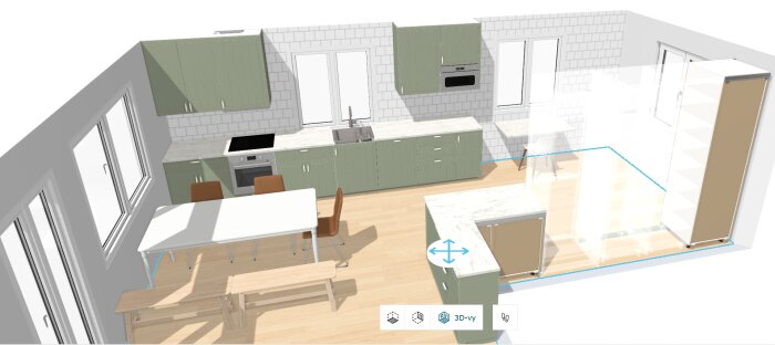 3D-modell av ett kök med grön köksinredning, bänkskiva i marmor, vitt kakel, och ett matbord med stolar och bänkar i trä.
