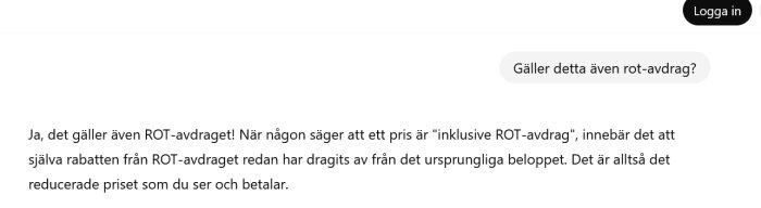 Bilden visar en foruminläggsdiskussion om ROT-avdrag, med frågan "Gäller detta även rot-avdrag?" och ett förklarande svar.
