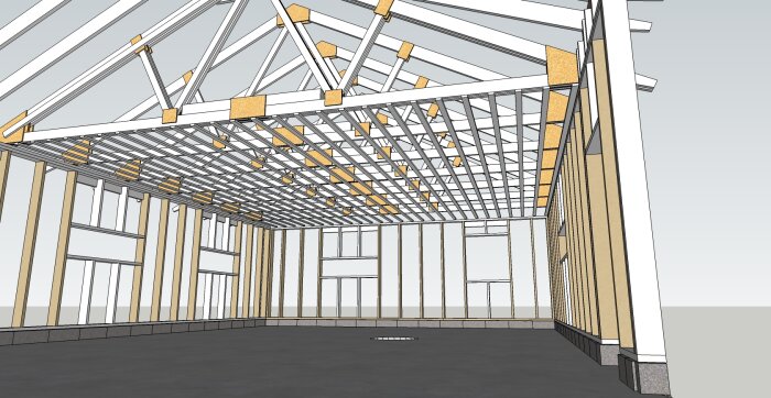Byggkonstruktion med trästommar där läkt installeras på takstolar för ett blivande innertak; fästa med skruvar för gipsskivor och isolering.