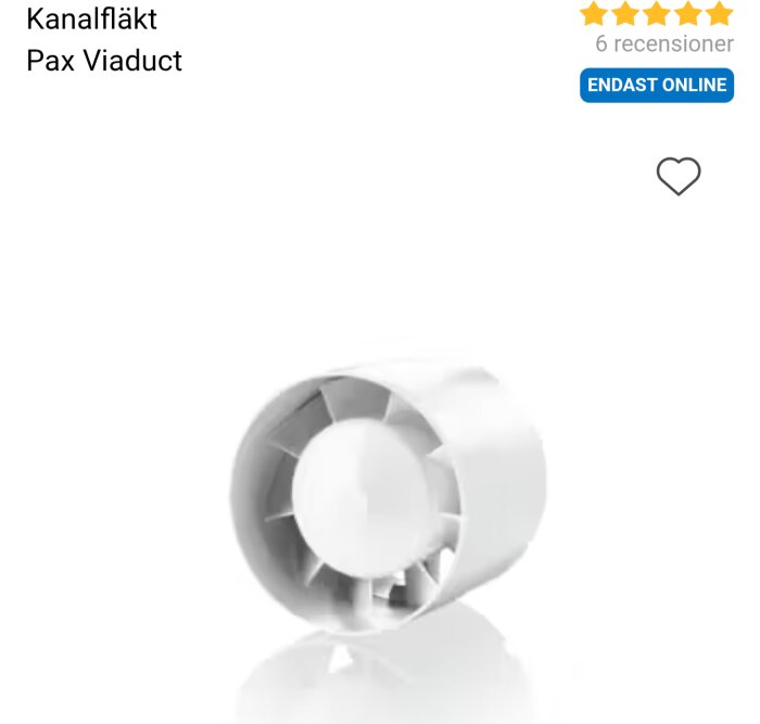 Kanalfläkt Pax Viaduct, vit och cylinderformad, visas mot vit bakgrund.