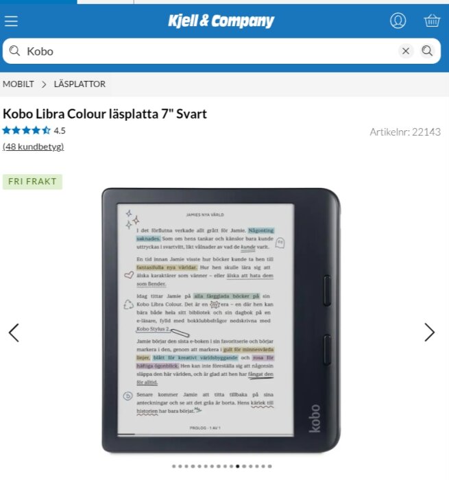 Kobo Libra Colour läsplatta 7 tum i svart med text på skärmen, visas på Kjell & Company's webbplats med produktdetaljer och kundbetyg.