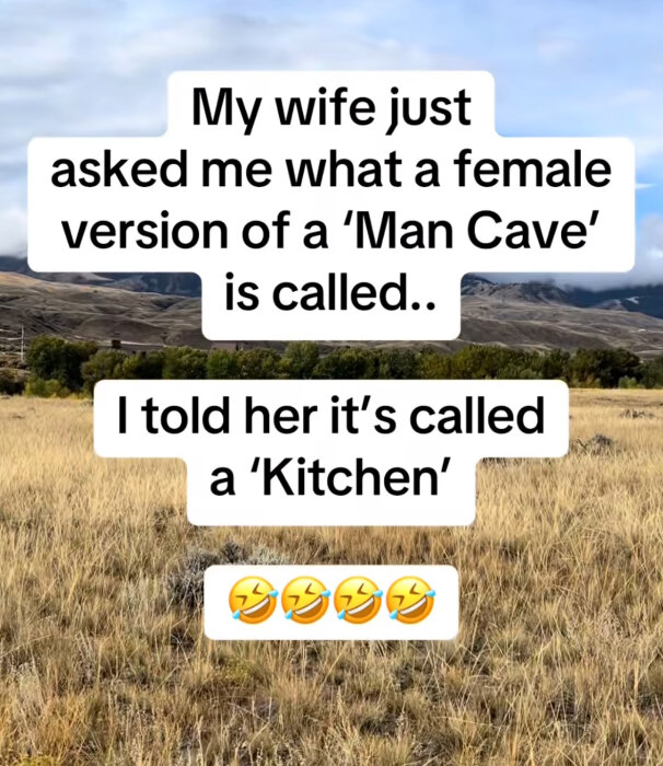 Textskämt över bild på landskap med gräs och berg i bakgrunden.