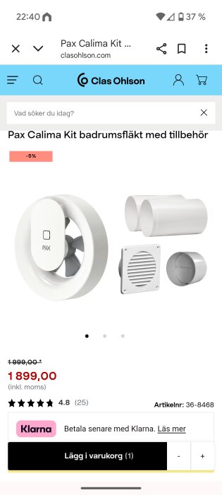 Pax Calima Kit badrumsfläkt med tillbehör, inklusive stos och övriga kopplingsdelar, listad på Clas Ohlson med rabatterat pris.