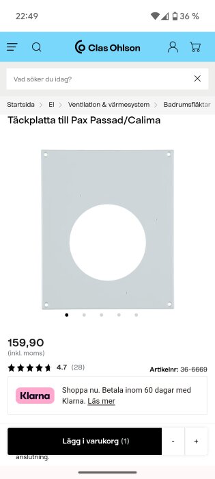Täckplatta för Pax Passad/Calima med cirkulärt hål, presenterad på Clas Ohlson-webbsida med pris och artikelnummer.
