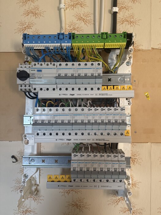 Bild av en elcentral med säkringar och kablar, nyinstallerad av elektriker som diskuterar övergång från tn-C till tn-S-system.