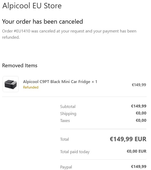 Avbruten beställning av Alpicool C9PT Black Mini Car Fridge hos Alpicool EU Store, betalning återbetald.