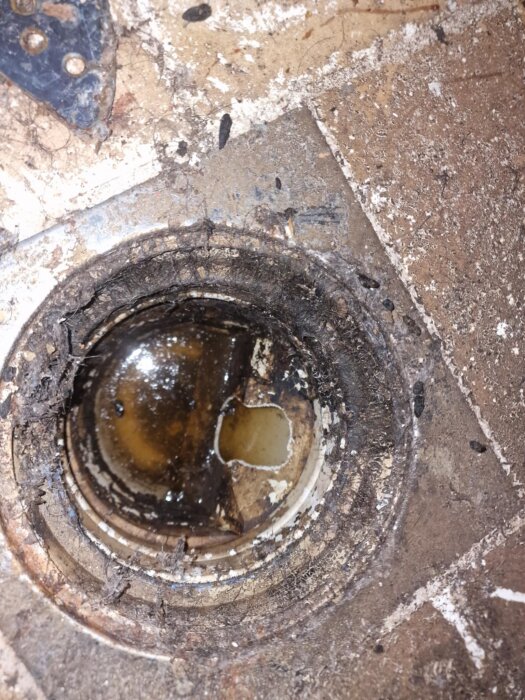 Bilden visar ett smutsigt avlopp i en dusch med hårrester, beläget på ett slitet klinkergolv.