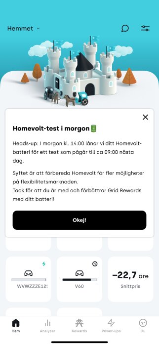Illustration av ett slott med hästar och vagnar framför, samt ett meddelande om ett kommande Homevolt-test för batteriet.