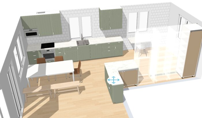 3D-modell av ett kök med grön köksinredning, vit bänkskiva, matgrupp med bord och stolar, och träparkettgolv.