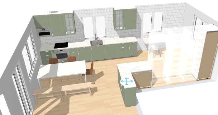 3D-rendering av ett modernt kök med grön köksinredning, vita bänkskivor, matbord och stolar, samt ett sittbänk, mot en bakgrund av vita kakel och träparkett.