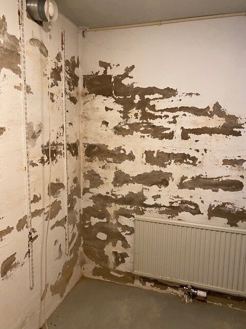Källarvägg med flagnande färg och fuktproblem i hörn, radiator synlig.