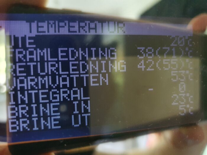 Display av temperaturer för framledning, returledning och varmvatten i ett värmesystem, med specifika värden visade.