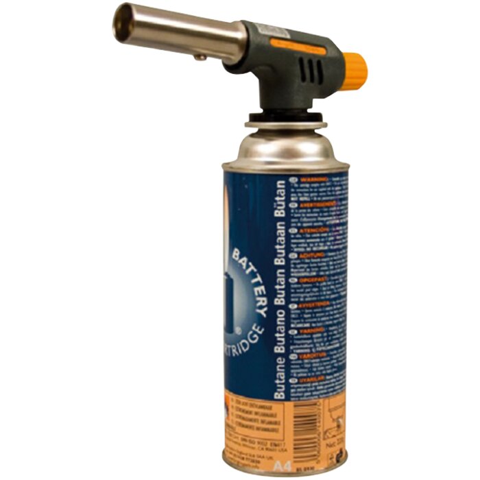 Gasbrännare med butangasbehållare, blå etikett med text. Perfekt för byggprojekt och DIY-uppgifter som kräver värme.