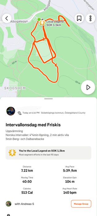 Karta över en löprunda i Skogshem, markerad med röd linje. Distans: 7.22 km, höjdökning: 104 m, medelhastighet: 5:39/km. "Local Legend" SOK 1,5 km.