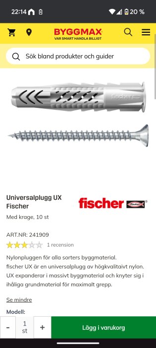 Universalplugg Fischer UX med skruv, visas som en del av Byggmax hemsida för byggmaterial.