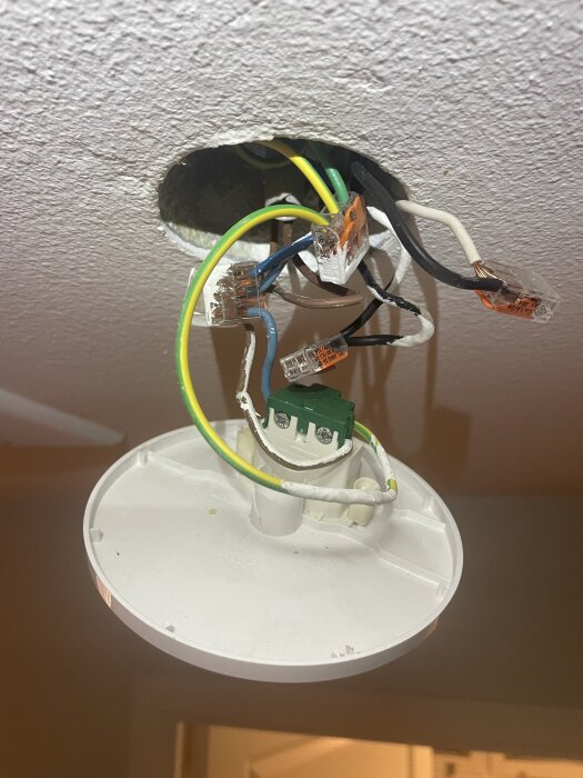 Elektrisk installation i tak med flera färgade kablar och en anslutningsplatta synliga genom ett öppet hål.