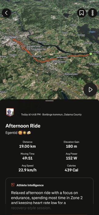 Karta över en cykeltur i Borlänge med statistisk information. Distans: 19 km, Tid: 49:51, Höjd: 180 m, Genomsnittshastighet: 22,9 km/h, Kalorier: 439.