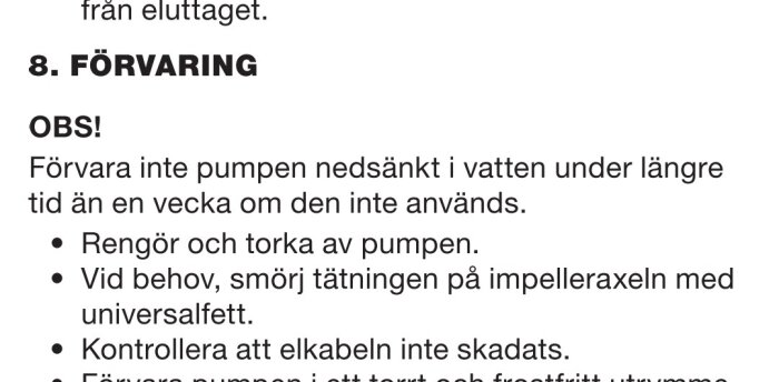Instruktioner för förvaring av pump från Biltemas bruksanvisning, inklusive rengöring och kontroll av elkabel.