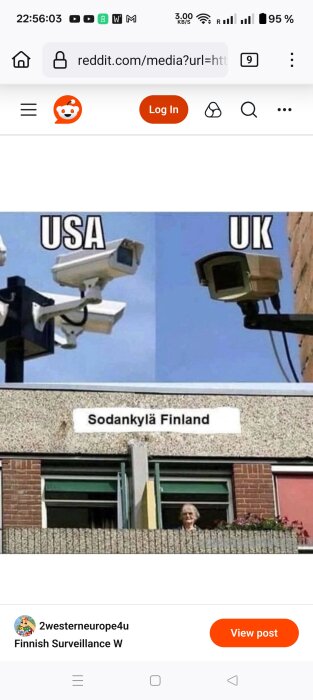 Övervakningskameror i USA och UK, samt en gammal kvinna i Finland som spanar ut genom ett fönster.