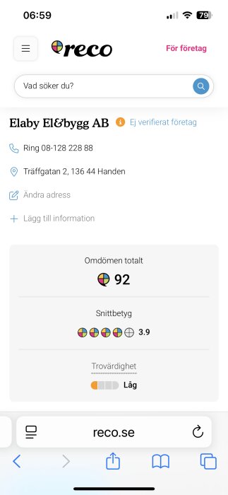 Skärmdump av en Reco-sida för Elaby El&bygg AB, visar 92 omdömen, snittbetyg 3.9 och låg trovärdighet. Ej verifierat företag.