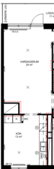 Ritning av kök och vardagsrum på 24 kvm med 13 kvm kök, visar planlösning och placering av väggar och dörrar.