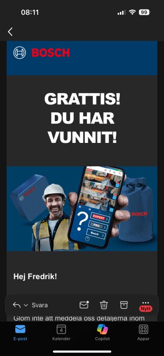 Grattis! Du har vunnit!" visas med en bild av en trådlös Bosch-högtalare och en glad arbetare med en mobiltelefon.
