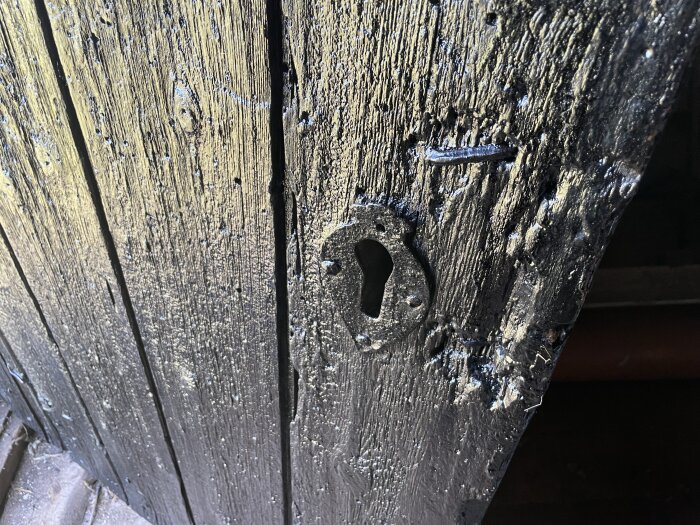 Gammalt trädörr med ett handsmitt lås och en märkbart träig yta, placerat vid en timrad bod på en släktgård.