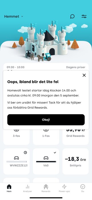 Animerat slott med träd och vagnar i förgrunden, med varningsmeddelande om tidsplan för Homevolt-test och en ursäkt för misstag.