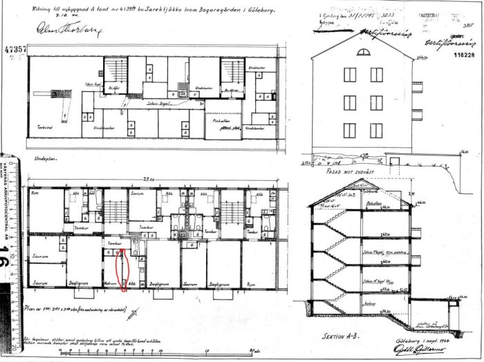 Planløsning av bygning med tydelig markert vegg mellom kjøkken og matsal i rød farge, viser både etasjeplan og bygningens fasade.