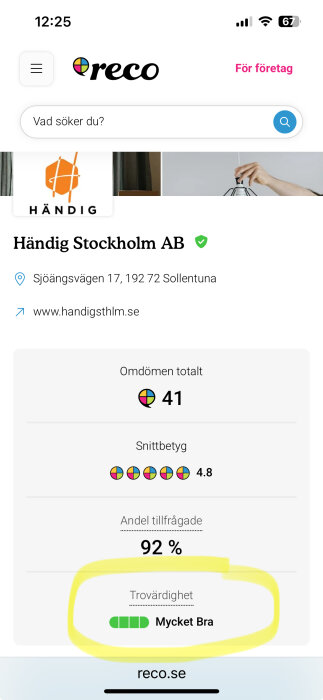 Skärmbild av Reco-rating för Händig Stockholm AB med totalt 41 omdömen, snittbetyg 4.8 och trovärdighetsbetyget "Mycket Bra.