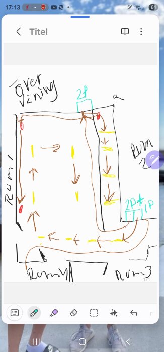 Ritning av övervåning med tre rum, markerade pilar visar rörelseriktningar, och texten anger rum 1, rum 2, och rum 3.