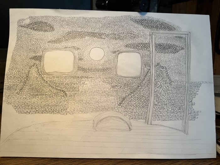 Skiss av korkväggsdesign med två fönster, en sol i mitten, isberg, geometriska mönster och strukturer som symboliserar en rymd- och havstema.