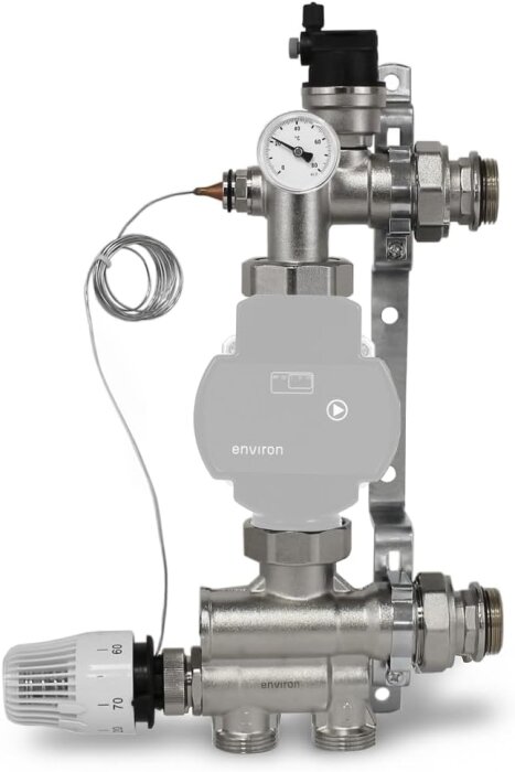 Shunt- och blandningssystem med termostat, tryckmätare och anslutningar, används för att justera vattentemperaturen i radiator- och golvvärmesystem.