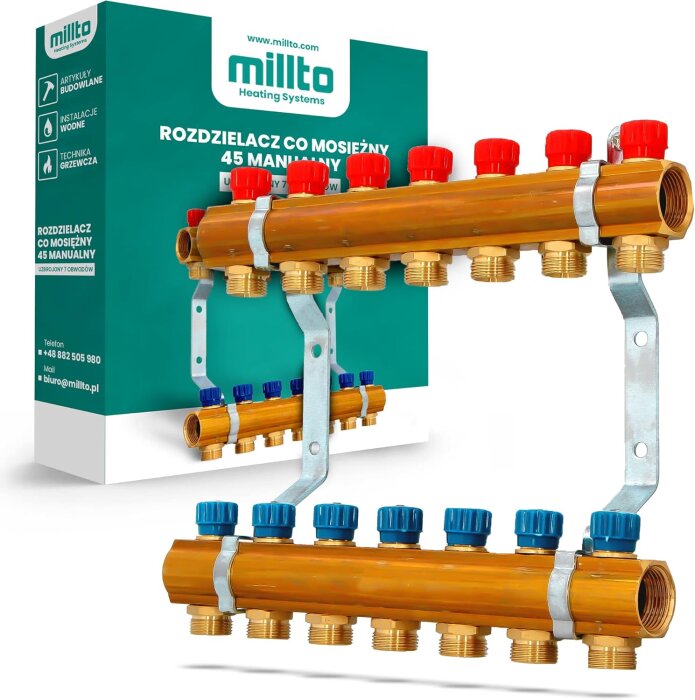 Sju-kretsfördelare för värmesystem med ventiler i blått och rött, monterad på metallstänger, med förpackning från tillverkaren Milto i bakgrunden.