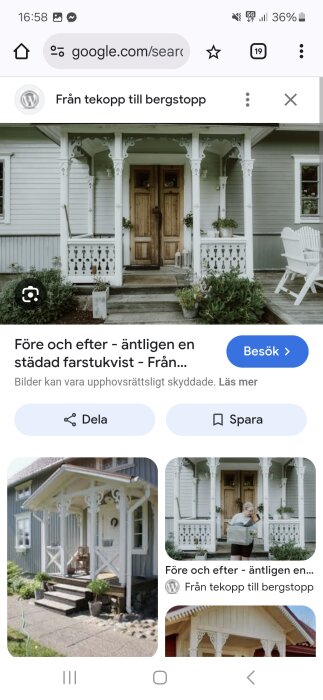 Farstukvist med vita snickarglädje detaljer på ett grått hus, inkluderande växter och stolar på verandan.