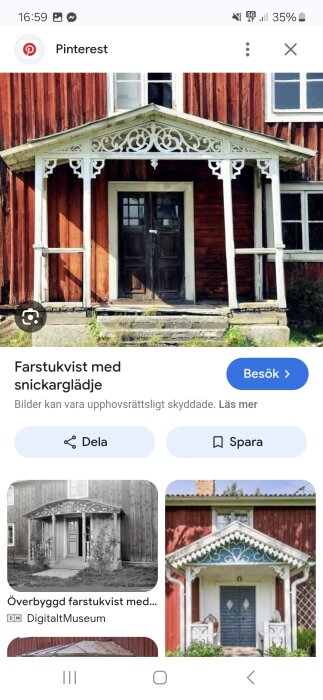Röd träfasad med vitmålad farstukvist dekorerad med snickarglädje över dörren, visar lantlig stil i en husentré.