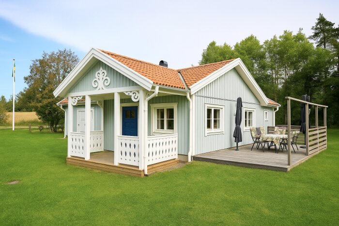 Ett litet blått och vitt hus med en träveranda och möbler.