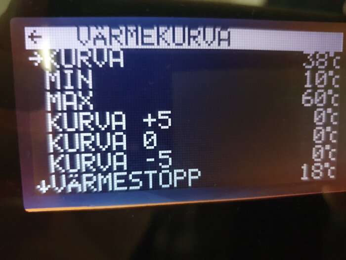 Display med värmekurva och temperaturinställningar: MIN 10°C, MAX 60°C, KURVA +5, 0, -5 och VÄRMESTOPP 18°C.