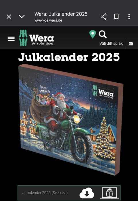 Tomte på motorcykel med julklappar i en by, Wera julkalender 2025.