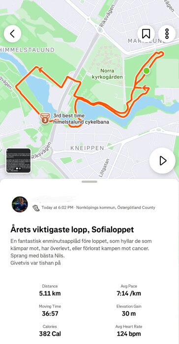 Karta över en löprutt vid Himmelstalund i Norrköping, visar 5,11 km-rutt med start- och målpunkt, samt detaljer om löpstatistik och loppbeskrivning.