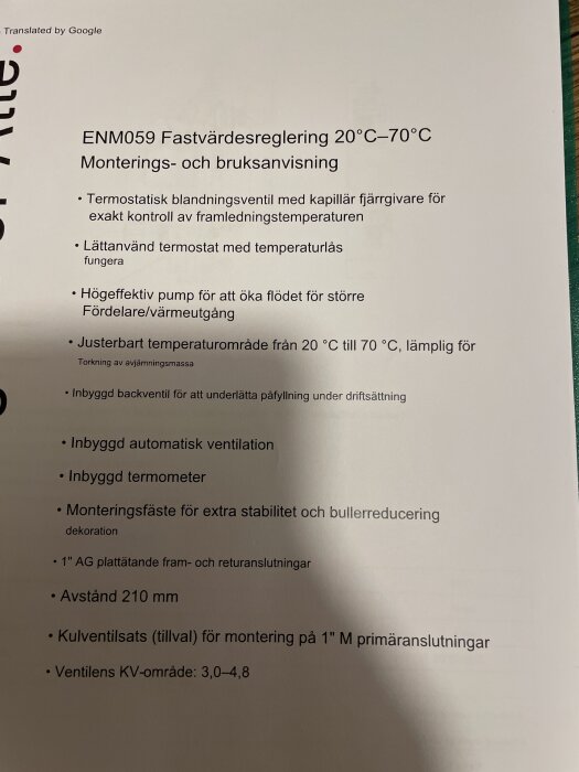 Manual för ENM059 fastvärdesreglering 20°C–70°C, beskriver funktioner som termostatisk blandningsventil och inbyggd termometer.