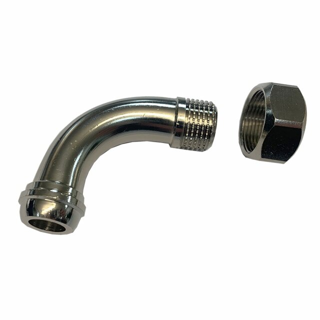 Metallisk vinkelkoppling med gängor och avtagbar mutter, dimension 20, visar konisk del för termostatventilanslutning.
