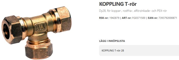 T-koppling för koppar-, rostfria, elförzinkade och PEX-rör, märkt med "VA", modell Dy28, visas med RSK-nr 1942879.