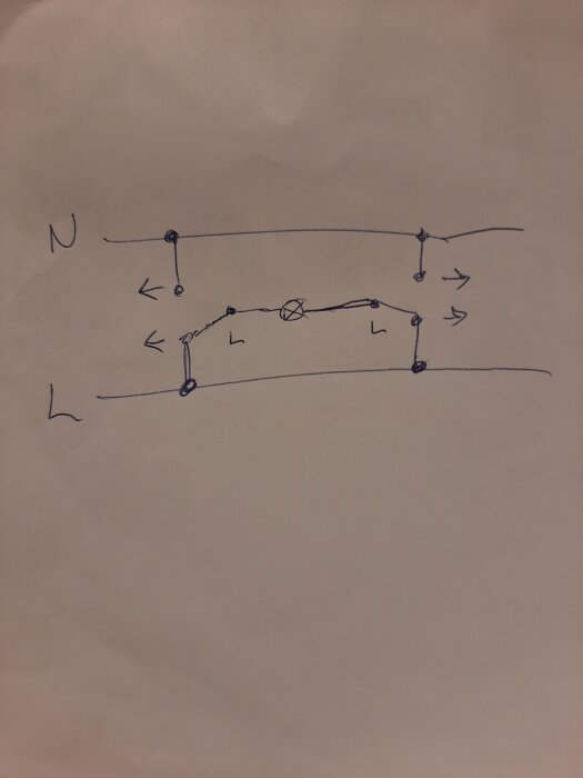 Handritat diagram av en elektrisk fulkoppling som visar ledningar med symboler för anslutning och strömriktning.