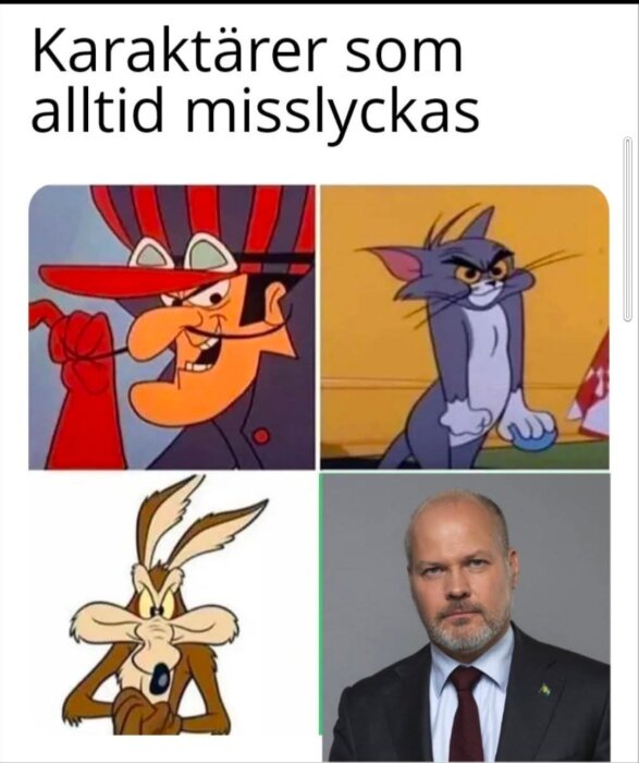 Fyra bilder på tecknade och en verklig karaktär under rubriken "Karaktärer som alltid misslyckas".