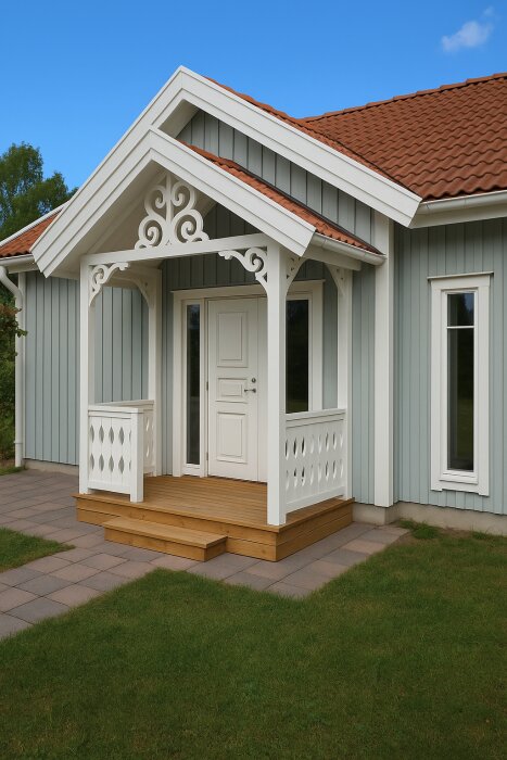 Entré med dekorativt snickeri och vitmålad dörr på ljusblått hus, rött tak och vit fasad.