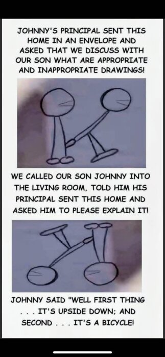 Tecknad bild av en cykel ritad upp och ned, med text där ett barn förklarar att det är en cykel och inte en olämplig teckning.