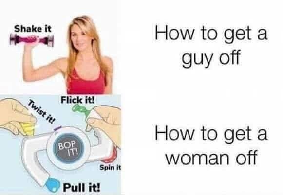 Humoristisk bild jämför en kvinna med skakvikten Shake Weight och externt spel, Bop It, med texten "How to get a guy off" och "How to get a woman off.