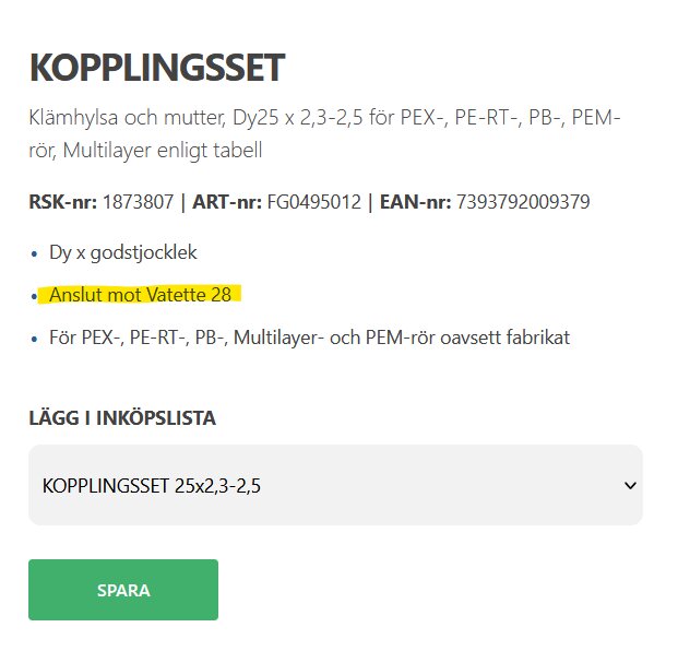 Kopplingsset-beskrivning med artikelnummer, EAN-nummer och kompatibilitet för rör. Inkluderar alternativ att lägga till i inköpslista.